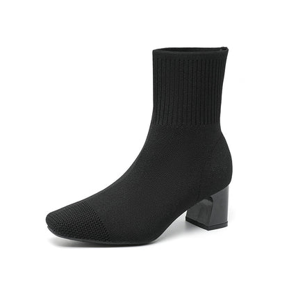 Elastic Chunky Heel Knitted Sock Boots for Women