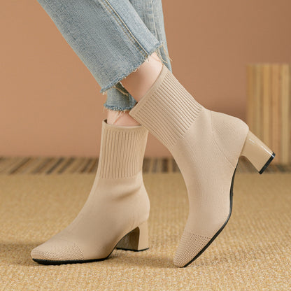 Elastic Chunky Heel Knitted Sock Boots for Women