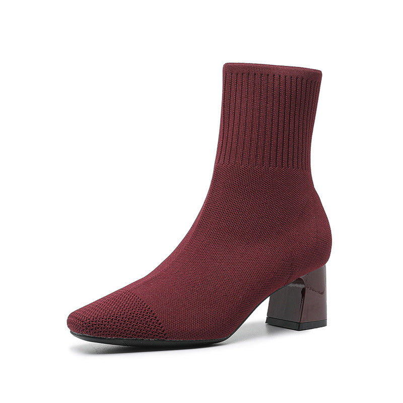Elastic Chunky Heel Knitted Sock Boots for Women