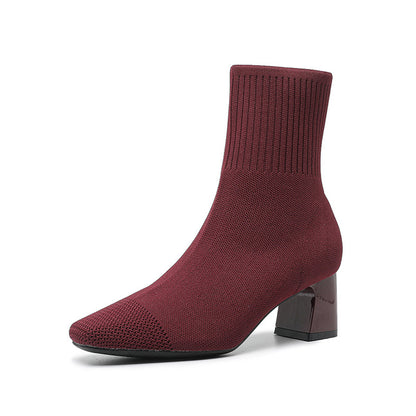 Elastic Chunky Heel Knitted Sock Boots for Women