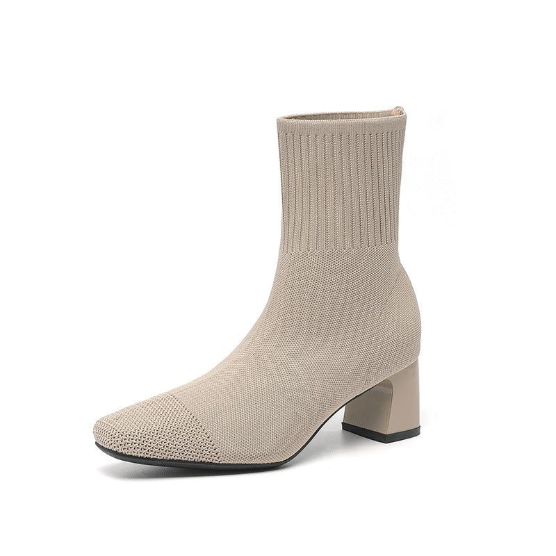 Elastic Chunky Heel Knitted Sock Boots for Women
