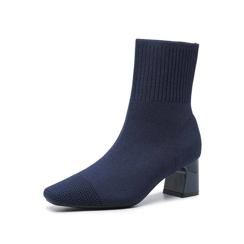 Elastic Chunky Heel Knitted Sock Boots for Women