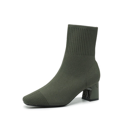 Elastic Chunky Heel Knitted Sock Boots for Women