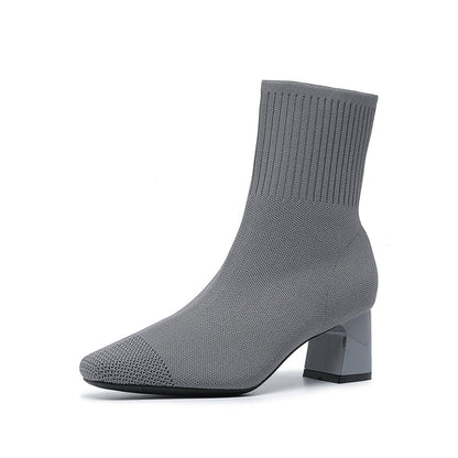Elastic Chunky Heel Knitted Sock Boots for Women