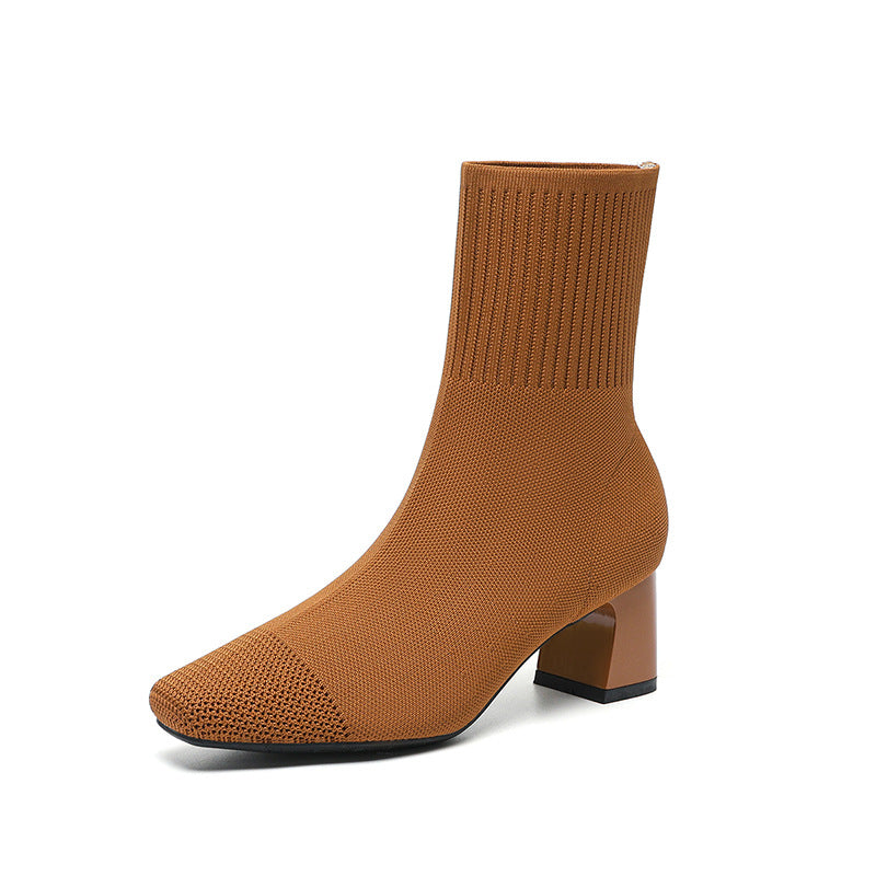 Elastic Chunky Heel Knitted Sock Boots for Women