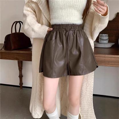 Elastic High-Waisted PU Leather Shorts for Women