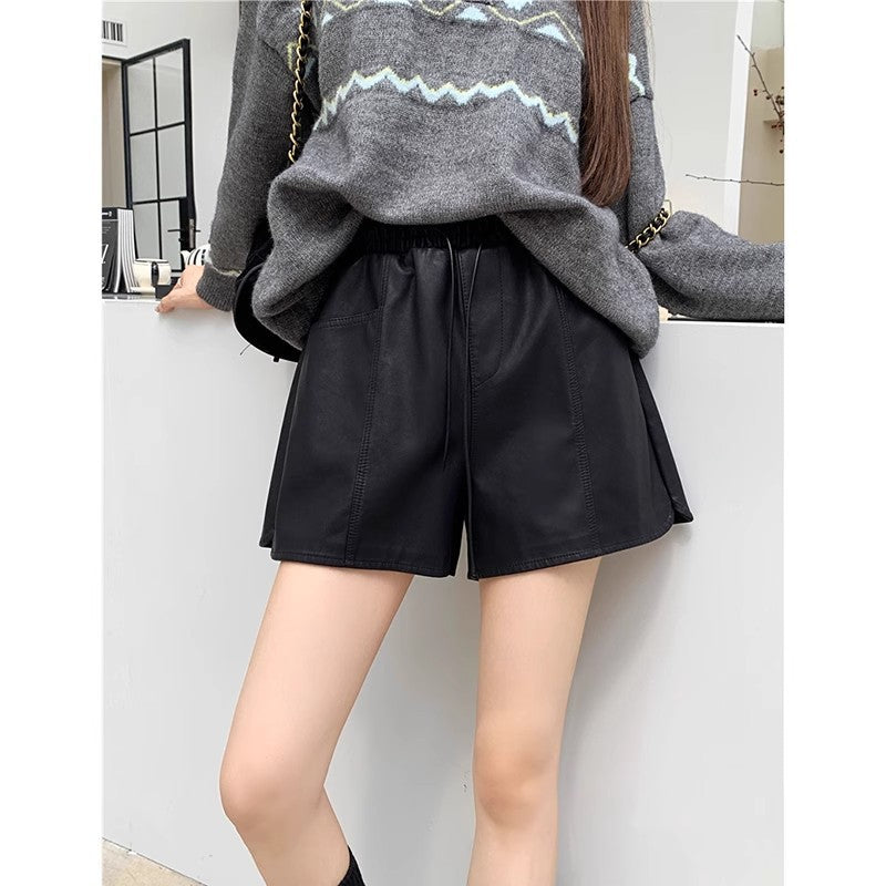 Elastic High-Waisted PU Leather Shorts for Women