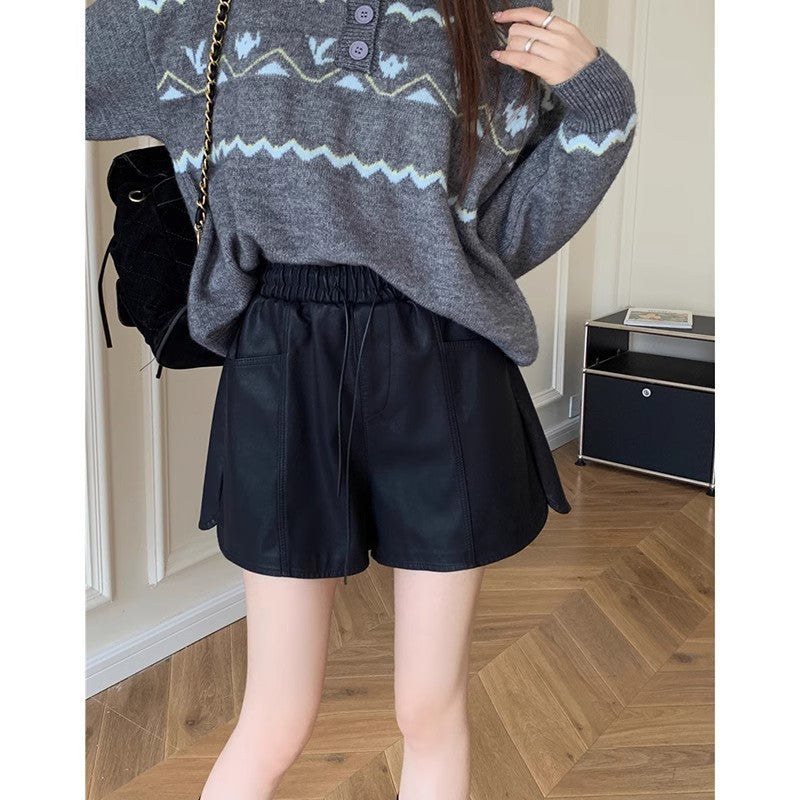 Elastic High-Waisted PU Leather Shorts for Women