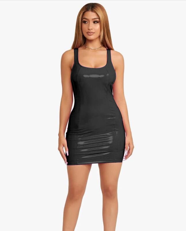 Elastic PU Leather Round Neck Short Dress