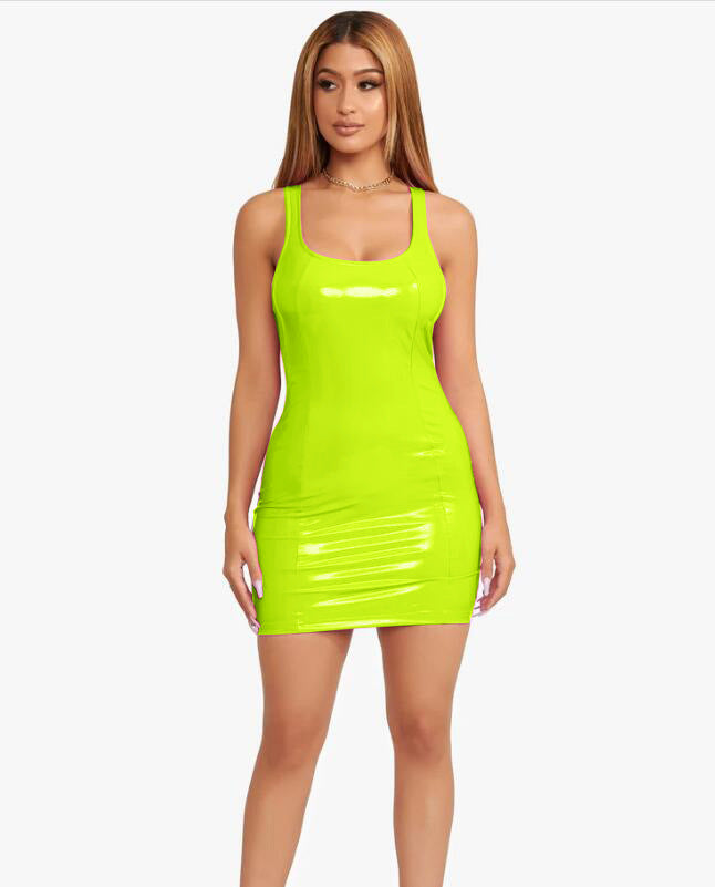 Elastic PU Leather Round Neck Short Dress