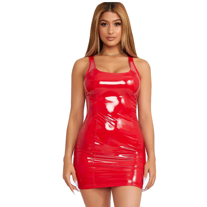 Elastic PU Leather Round Neck Short Dress