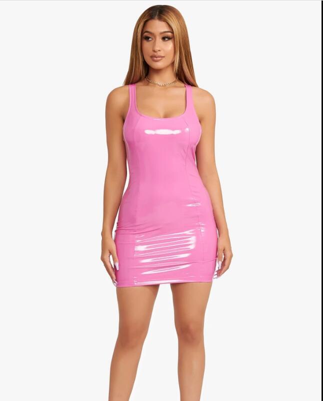 Elastic PU Leather Round Neck Short Dress