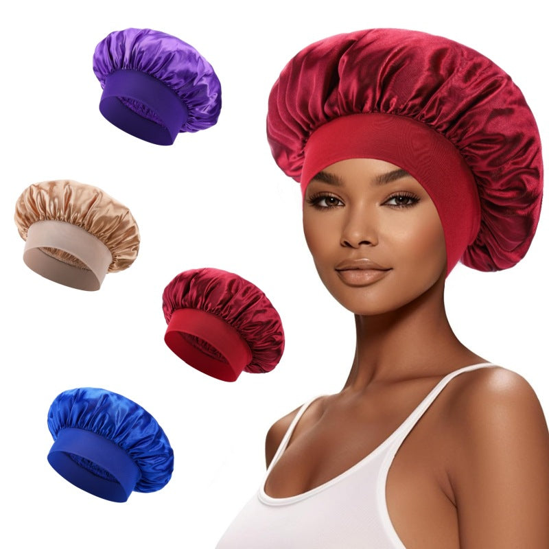 Elastic Satin Sleep Cap with Wide Brim