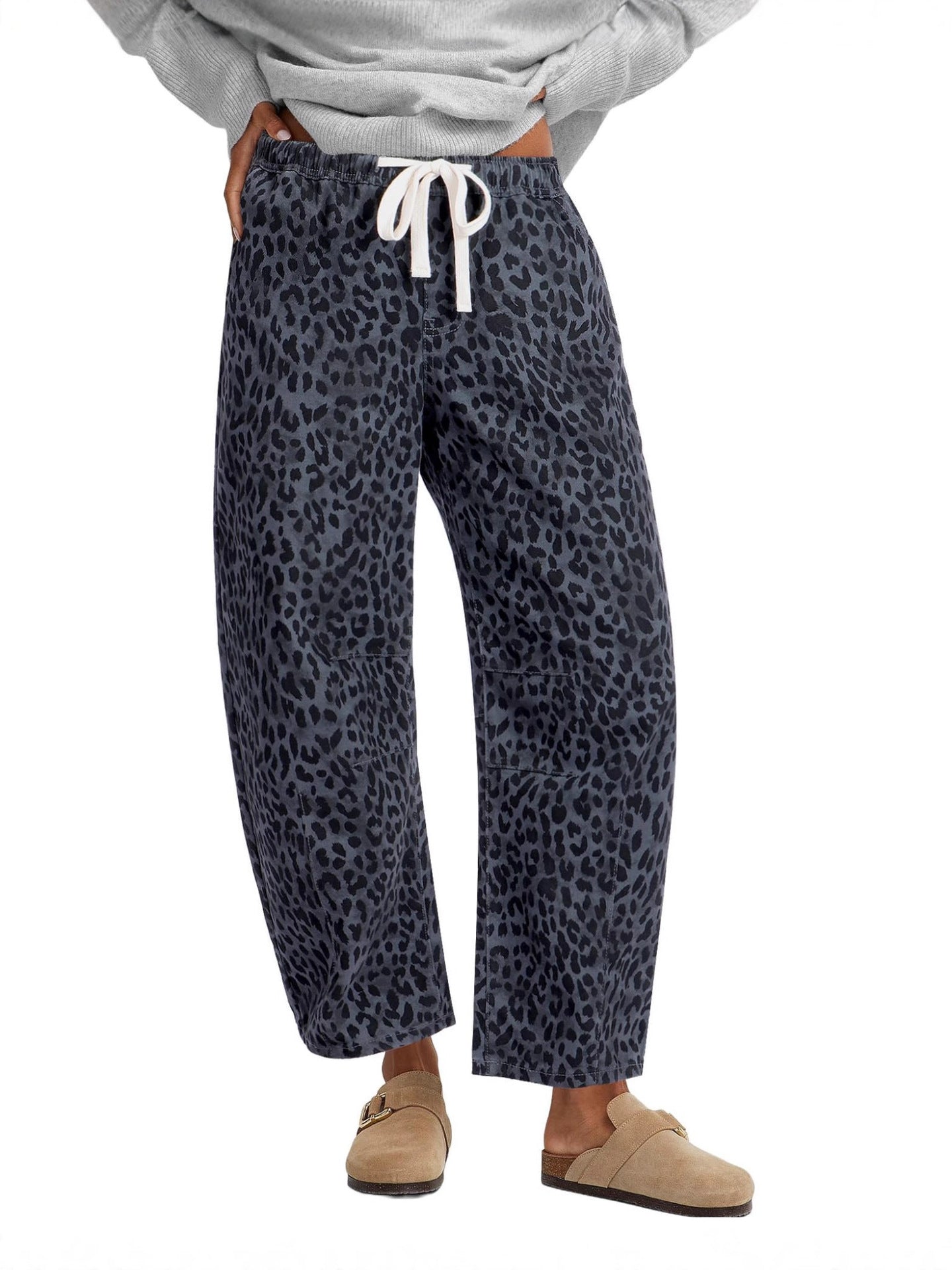 Elastic Waist Leopard Print Straight Leg Pants