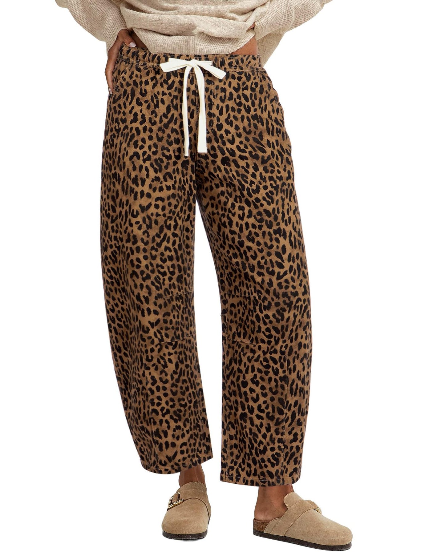 Elastic Waist Leopard Print Straight Leg Pants