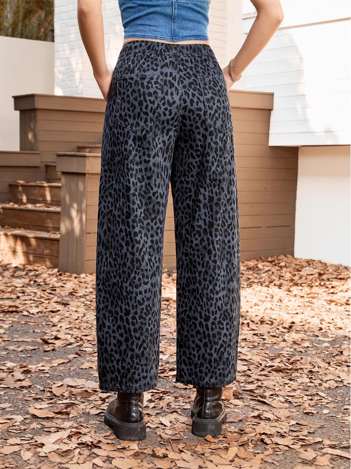 Elastic Waist Leopard Print Straight Leg Pants