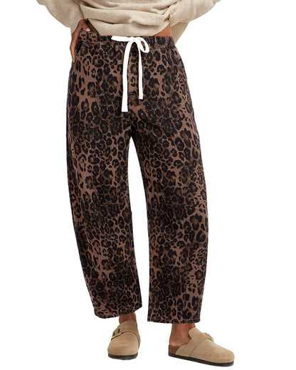 Elastic Waist Leopard Print Straight Leg Pants