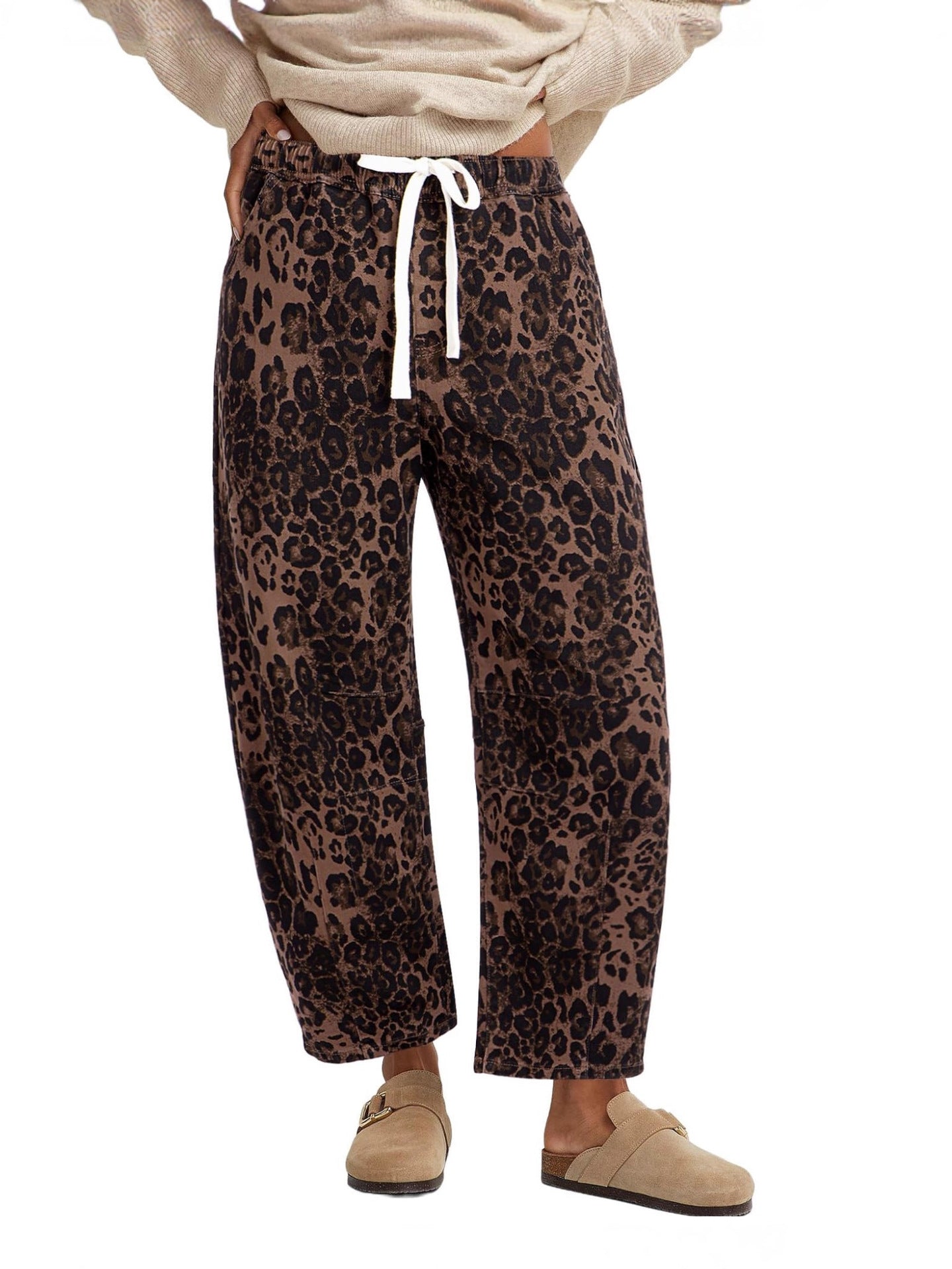 Elastic Waist Leopard Print Straight Leg Pants