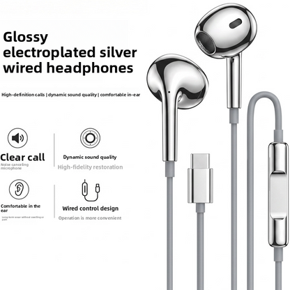 Electroplated Silver Glossy Wired Headphones