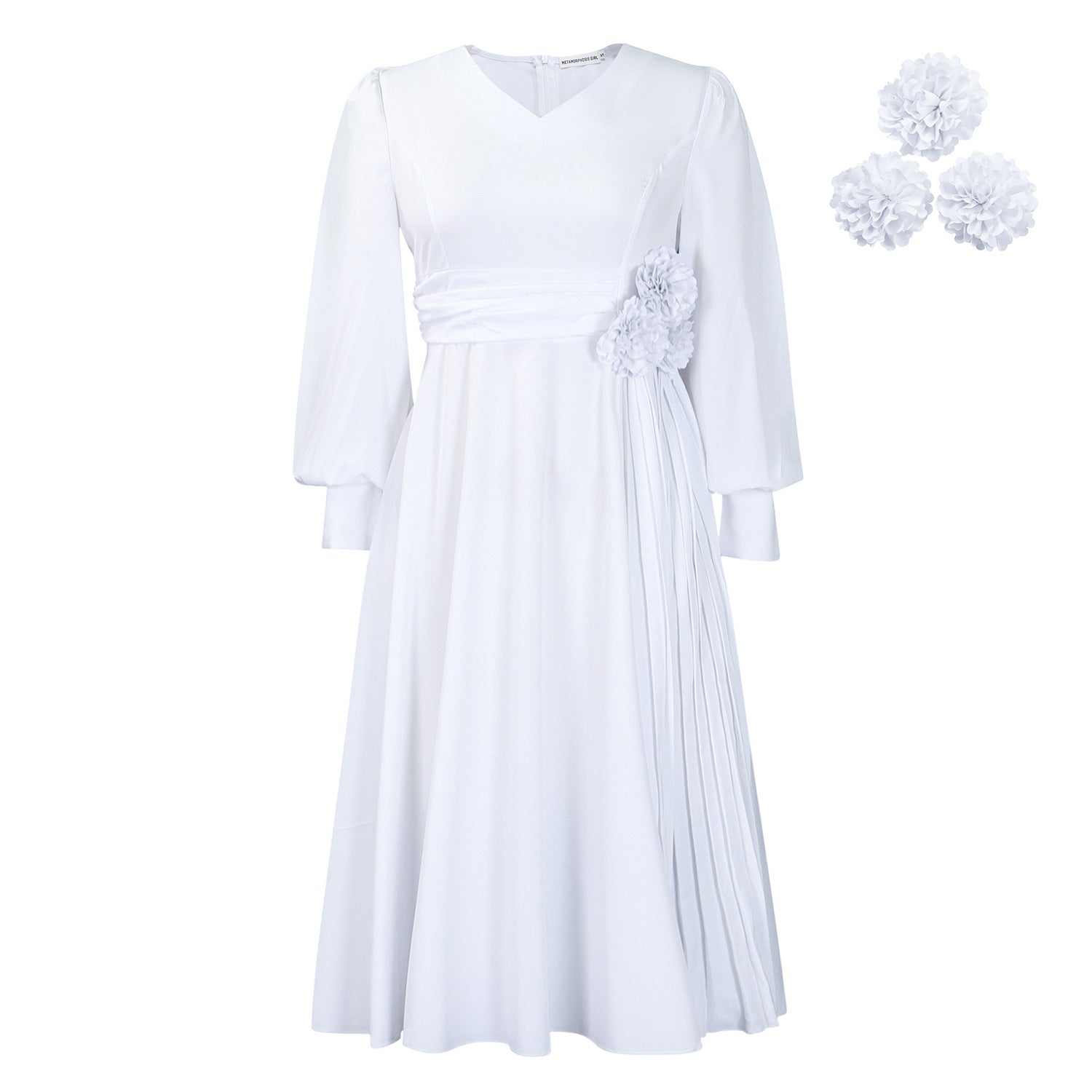 Elegant A-Line Midi Dress with Lantern Sleeves