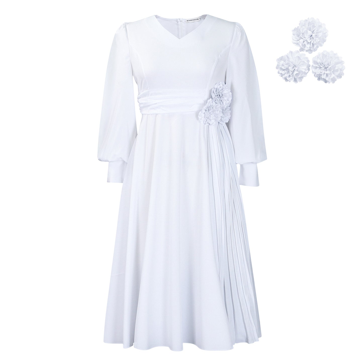 Elegant A-Line Midi Dress with Lantern Sleeves