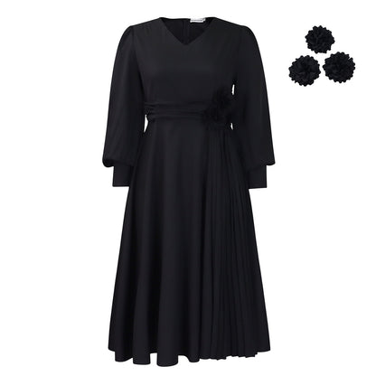 Elegant A-Line Midi Dress with Lantern Sleeves