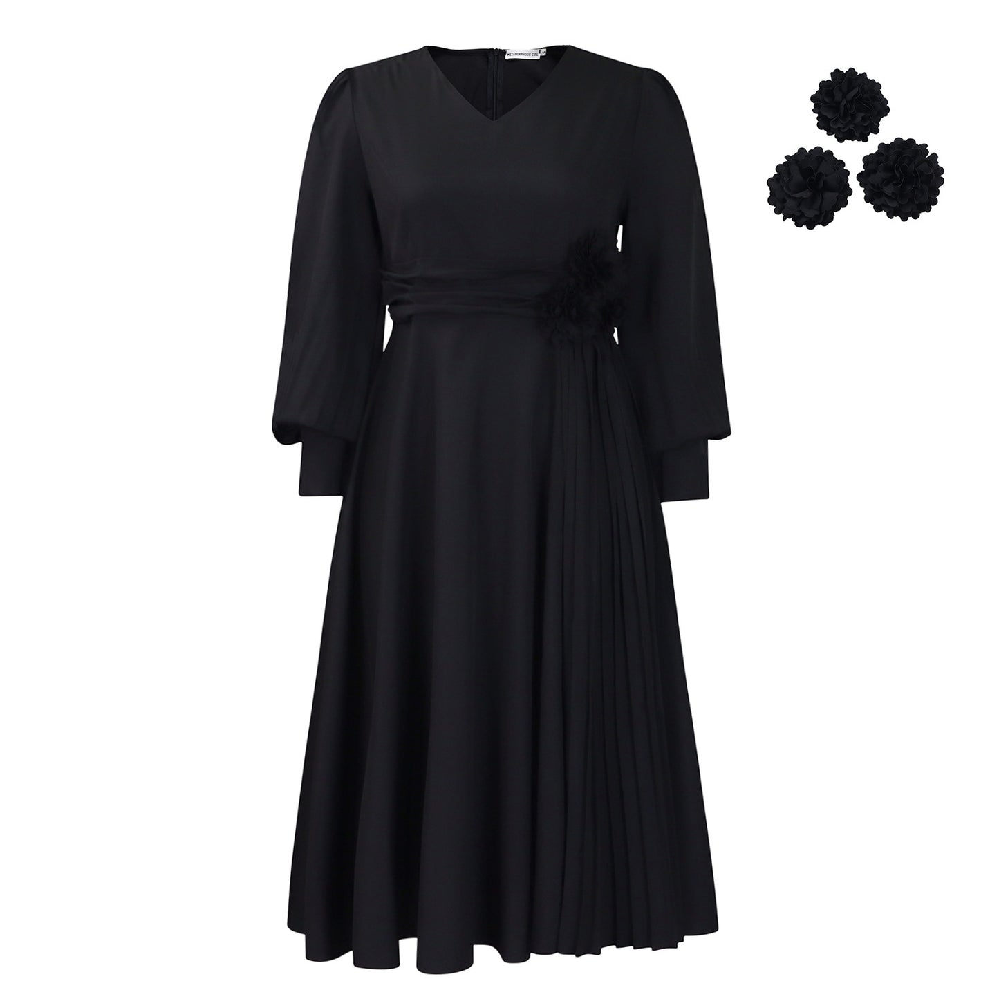 Elegant A-Line Midi Dress with Lantern Sleeves