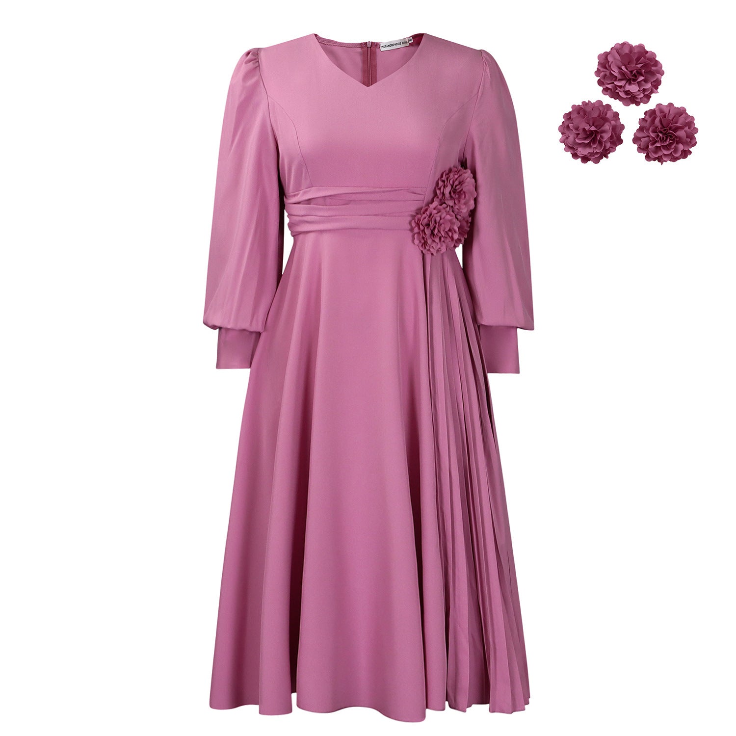 Elegant A-Line Midi Dress with Lantern Sleeves