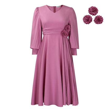 Elegant A-Line Midi Dress with Lantern Sleeves
