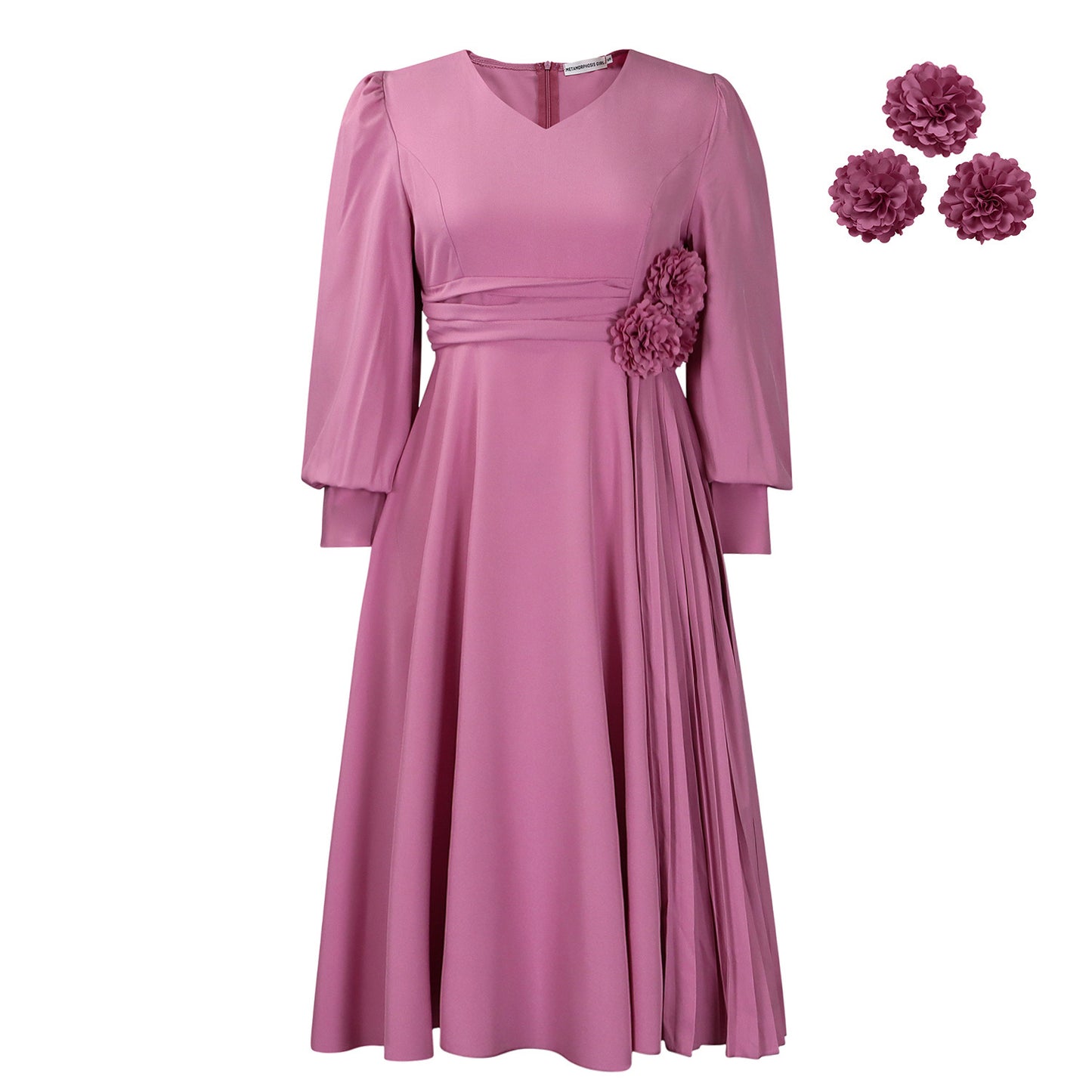 Elegant A-Line Midi Dress with Lantern Sleeves