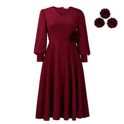 Elegant A-Line Midi Dress with Lantern Sleeves