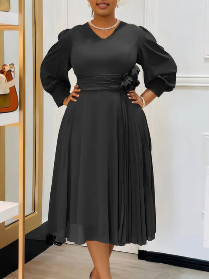 Elegant A-Line Midi Dress with Lantern Sleeves