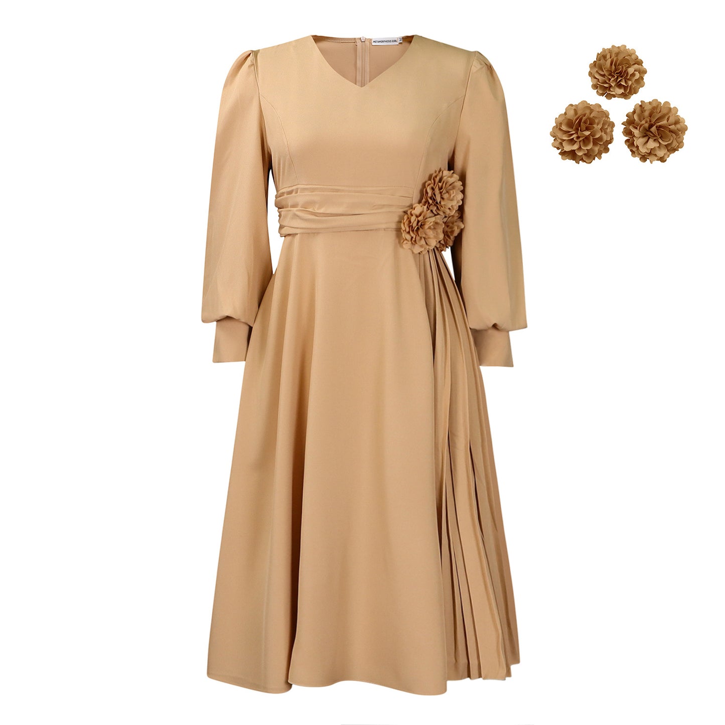 Elegant A-Line Midi Dress with Lantern Sleeves