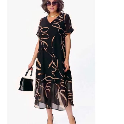 Elegant Abstract Print V-Neck Mid-Length Dress