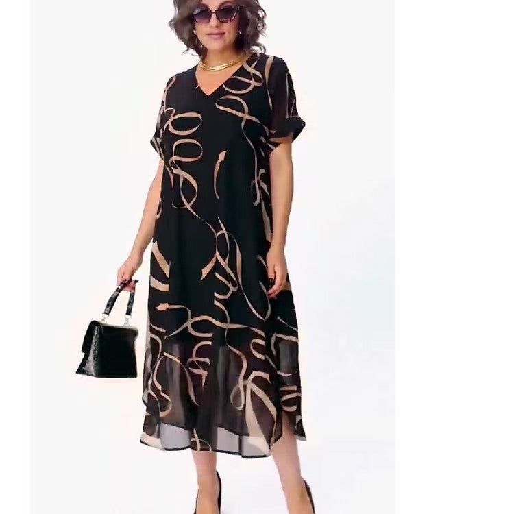 Elegant Abstract Print V-Neck Mid-Length Dress