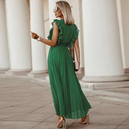 Elegant Beach Long Dress Fashion Slim Fit Sexy Lotus Sleeve Chiffon Pleated Dress Solid Color Dress