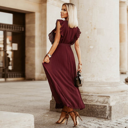 Elegant Beach Long Dress Fashion Slim Fit Sexy Lotus Sleeve Chiffon Pleated Dress Solid Color Dress