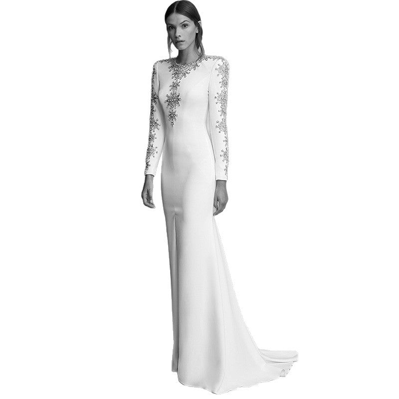 Elegant Beaded Evening Dress with Front Slit