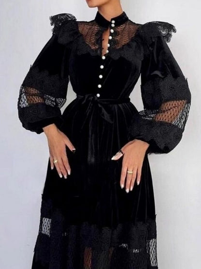 Elegant Black Lace Trim Velvet Dress