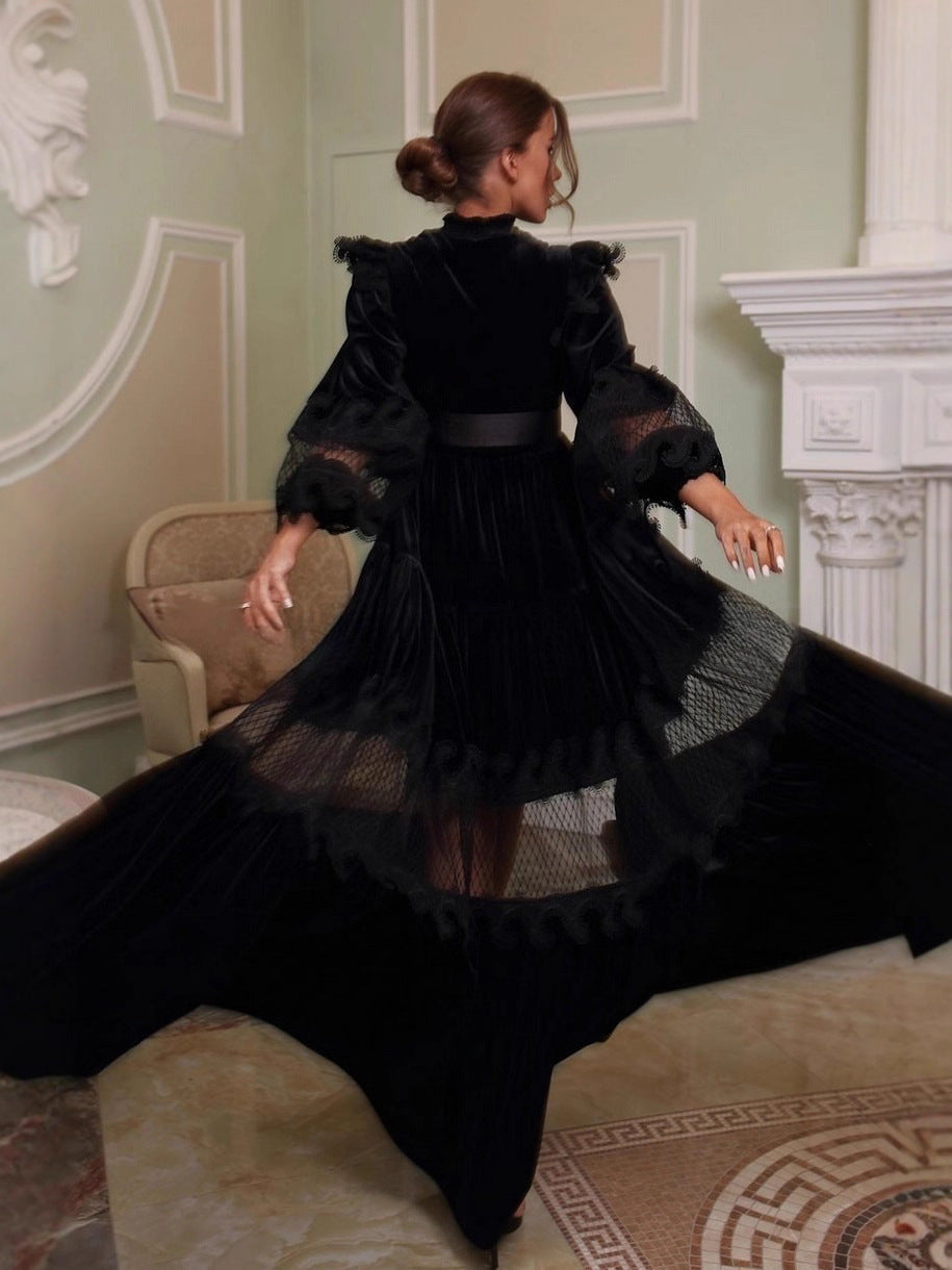 Elegant Black Lace Trim Velvet Dress
