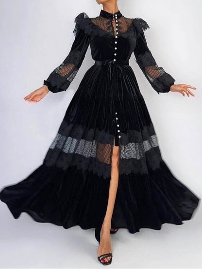 Elegant Black Lace Trim Velvet Dress