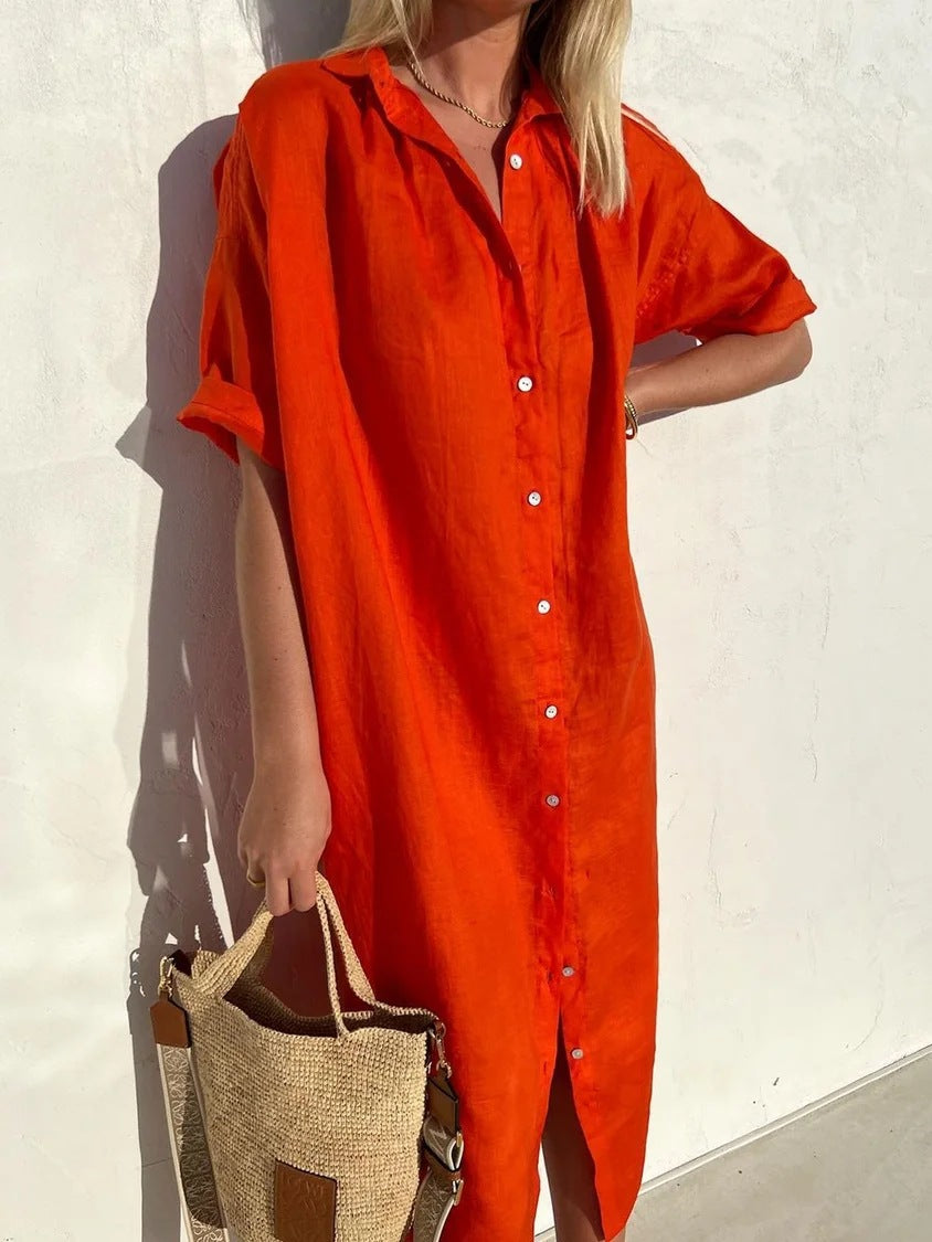 Elegant, casual, loose short-sleeved button dress for women