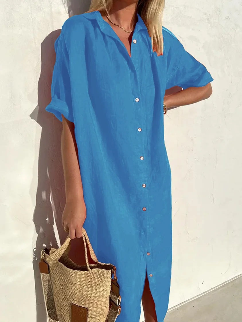 Elegant, casual, loose short-sleeved button dress for women