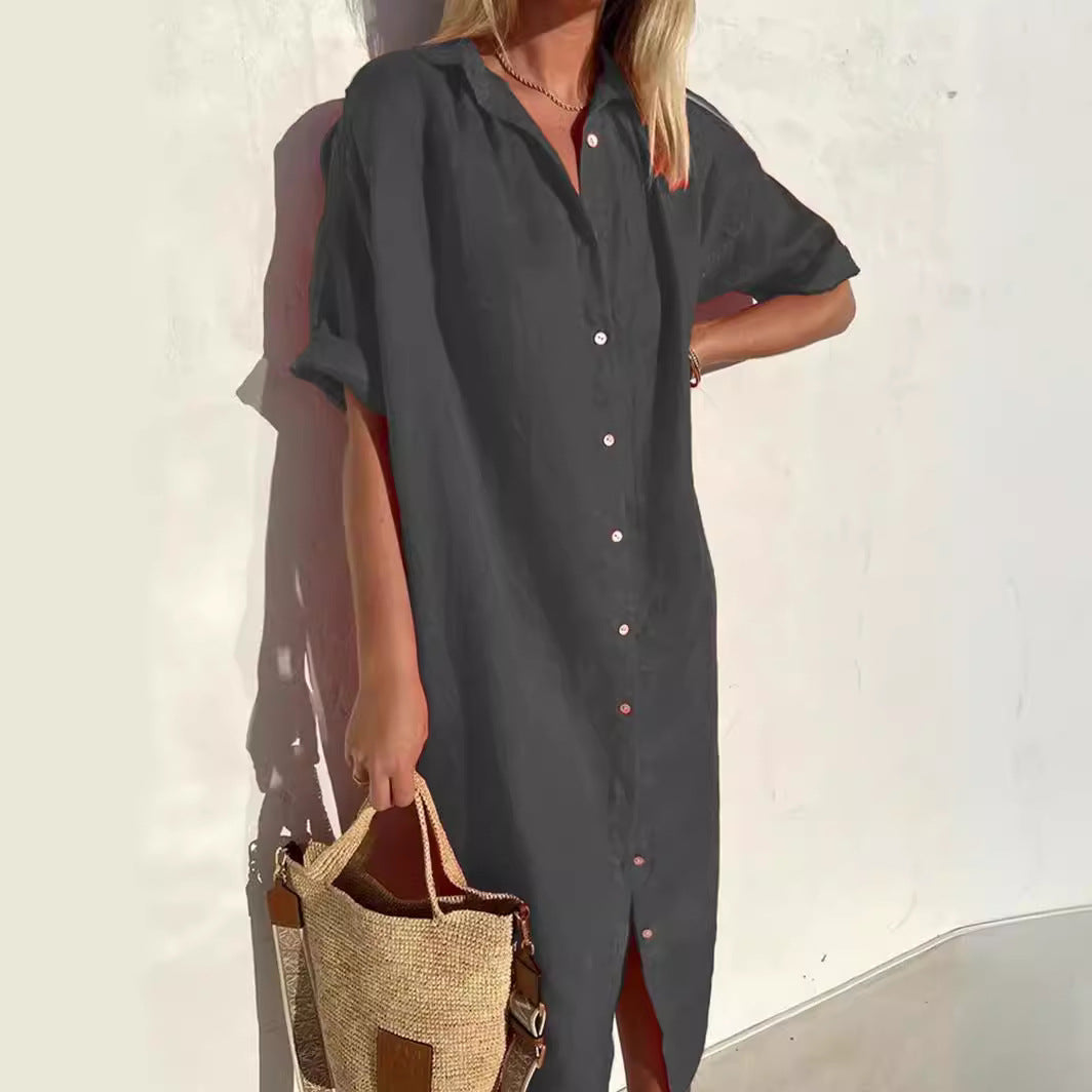 Elegant, casual, loose short-sleeved button dress for women