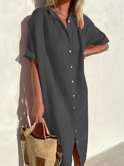 Elegant, casual, loose short-sleeved button dress for women
