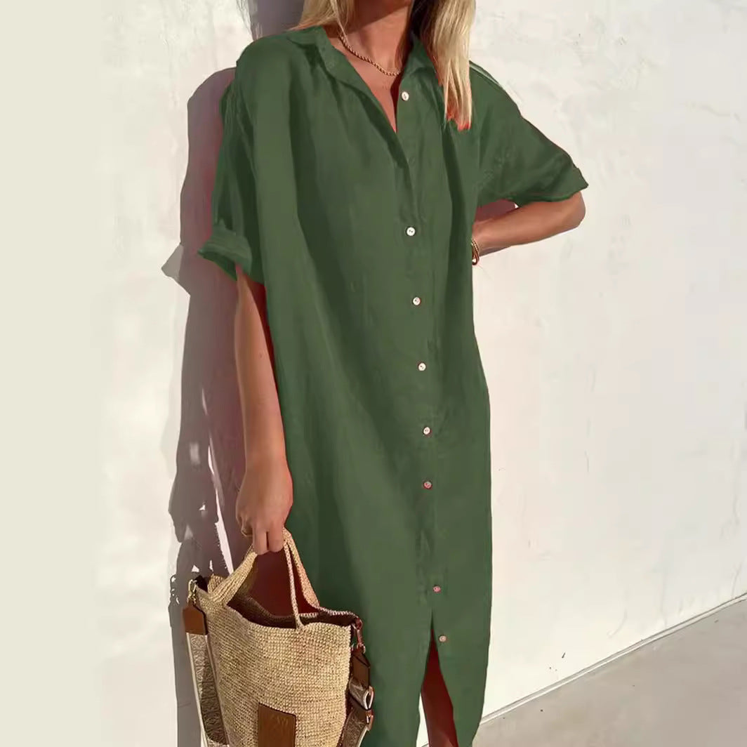 Elegant, casual, loose short-sleeved button dress for women