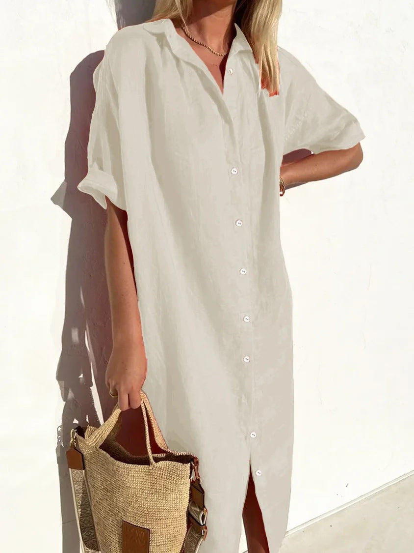 Elegant, casual, loose short-sleeved button dress for women