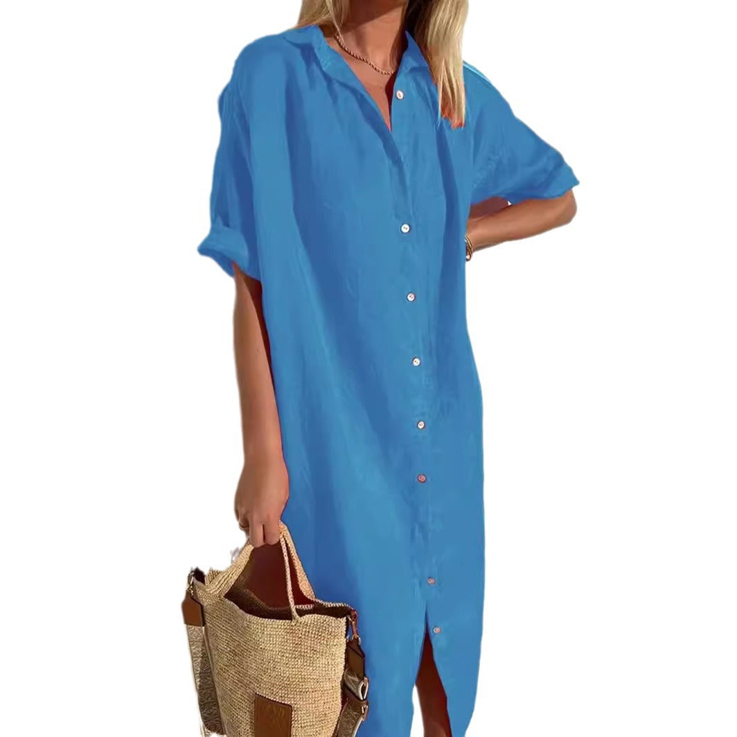 Elegant, casual, loose short-sleeved button dress for women