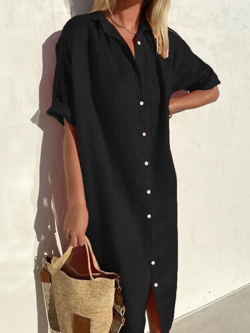 Elegant, casual, loose short-sleeved button dress for women