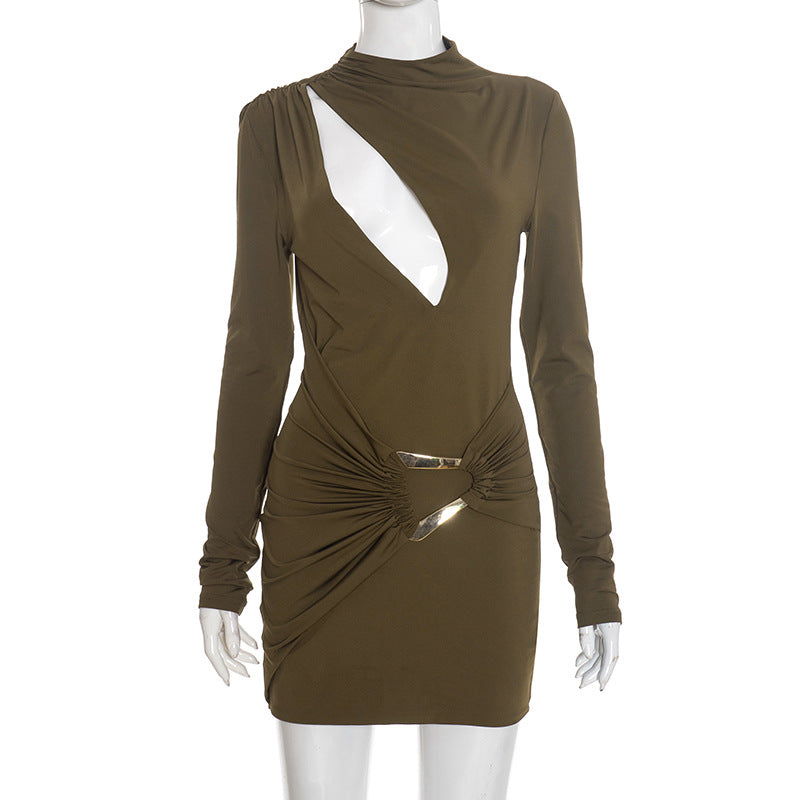 Elegant Cut Out Pleated Long Sleeve Dress